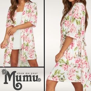 Show Me Your Mumu Robe Wrap One Size Pink White Floral Short Sleeves Lounge Top